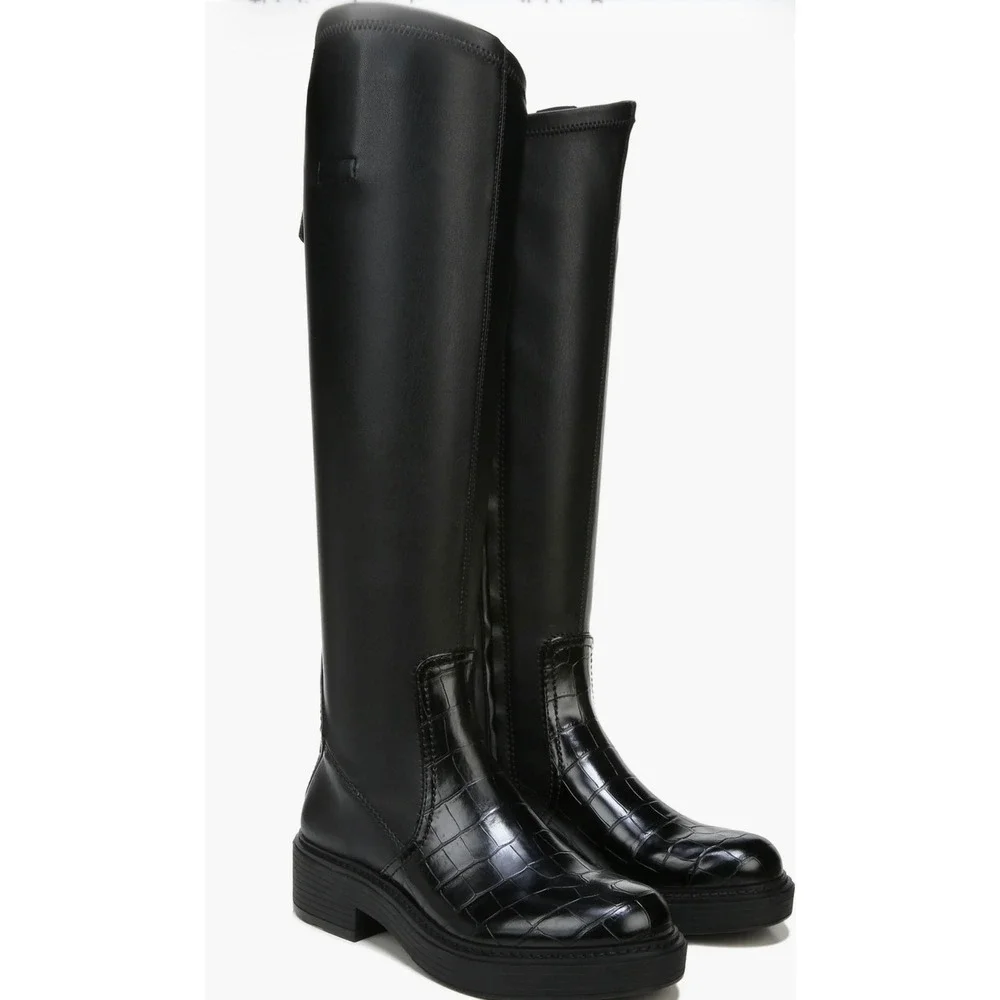 Franco Sarto Keaton Black Croc Embossed Knee High Moto Riding Boots Size 7